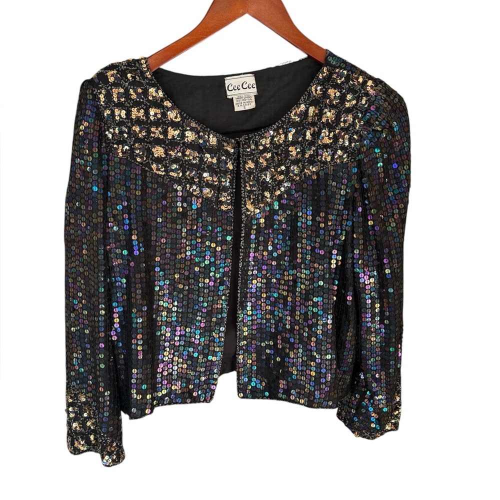 Vintage Cee Cee Sequin Silk Blouse Women’s Size Small Party Mardi Gras NYE 1990s